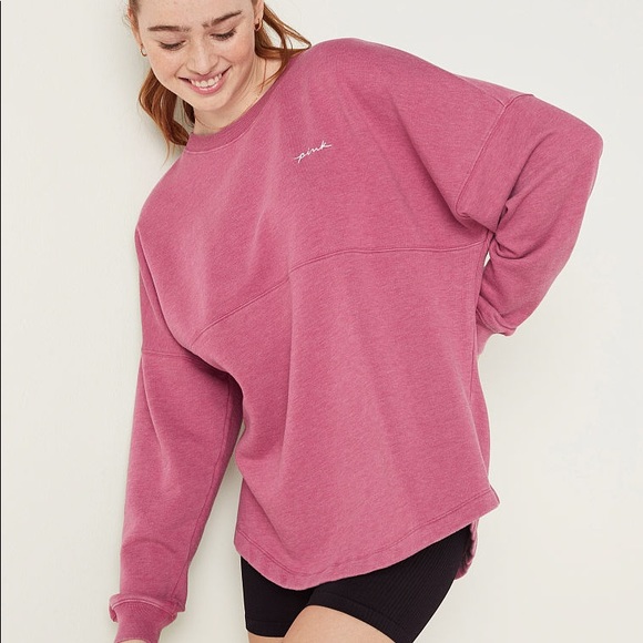 Victoria’s Secret PINK Varsity Crew Neck Sweate Pink Dahlia Wash Large NEW - Picture 1 of 4